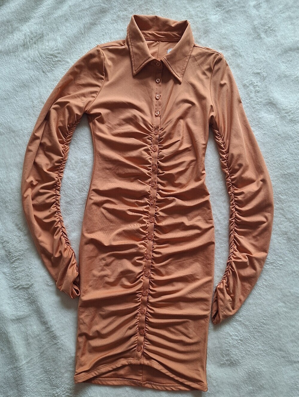 Oh Polly Caramel Ruched Long Sleeve Shirt Mini Dress US 4